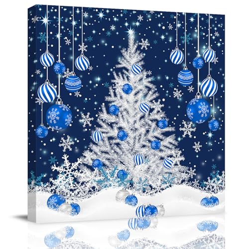 Leinwand-Kunst, Weihnachtskugel, Weihnachtsbaum, Schneeflocke, Winter, blau-weiß, quadratisch, gerahmt, Gemälde auf Leinwand, Kunstwerk für Schlafzimmer, Wohnzimmer, Heimbüro, Dekoration, 50,8 x 50,8 Leinwand-Kunst, Weihnachtskugel, Weihnachtsbaum, Schneeflocke, Winter, blau-weiß, quadratisch, gerahmt, Gemälde auf Leinwand, Kunstwerk für Schlafzimmer, Wohnzimmer, Heimbüro, Dekoration, 50,8 x 50,8 von YOKOU