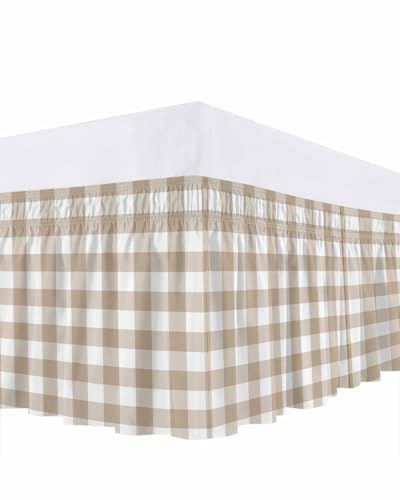 Wickel-Bettröcke für King-Size-Betten, ländlicher Stil, Khaki und Weiß, Vichy-Büffelkaro, Rüschen, Bettrock mit verstellbaren elastischen Gürteln, einfache Passform, 45,7 cm Länge Wickel-Bettröcke für King-Size-Betten, ländlicher Stil, Khaki und Weiß, Vichy-Büffelkaro, Rüschen, Bettrock mit verstellbaren elastischen Gürteln, einfache Passform, 45,7 cm Länge von YOKOU