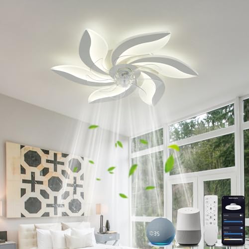 Deckenlampe mit Ventilator, Smart Deckenventilator mit Beleuchtung und Fernbedienung Leise WiFi, Kompatibel mit Alexa Google Home, Dimmbar, DC Motor, Sommer Winterbetrieb, für Schlafzimmer, Weiß von YOLEDY