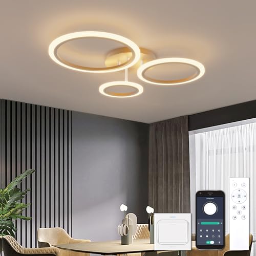 YOLEDY Deckenlampe Led mit Fernbedienung & APP, Decken Lampen mit 3 Ring, Dimmbar, Licht Memory Funktion mit Timer, Moderne Deckenleuchte Rund Wohnzimmer Flur Schlafzimmer, Gold von YOLEDY
