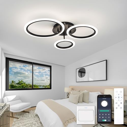 YOLEDY Deckenlampe Led mit Fernbedienung & APP, Decken Lampen mit 3 Ring, Dimmbar, Licht Memory Funktion mit Timer, Moderne Deckenleuchte Rund Wohnzimmer Flur Schlafzimmer, Schwarz von YOLEDY