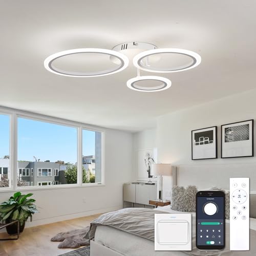 YOLEDY Deckenlampe Led mit Fernbedienung & APP, Decken Lampen mit 3 Ring, Dimmbar, Licht Memory Funktion mit Timer, Moderne Deckenleuchte Rund Wohnzimmer Flur Schlafzimmer, Weiß von YOLEDY