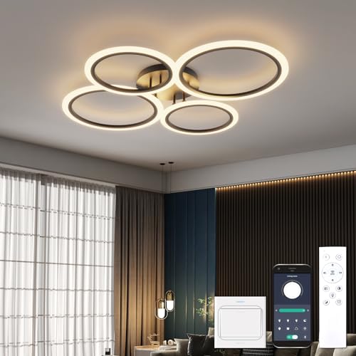 YOLEDY Deckenlampe Led mit Fernbedienung & APP, Decken Lampen mit 4 Ring, Dimmbar, Licht Memory Funktion mit Timer, Moderne Deckenleuchte Rund Wohnzimmer Flur Schlafzimmer, Schwarz von YOLEDY