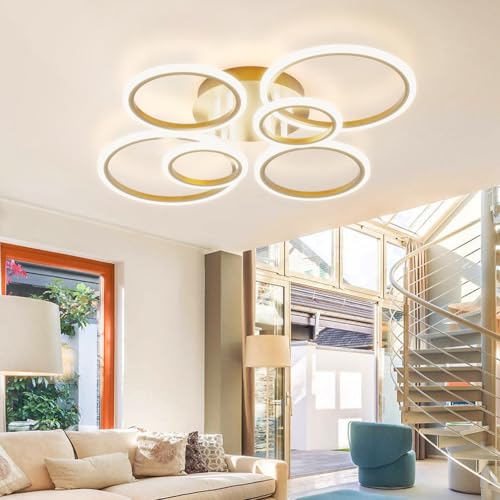 YOLEDY Deckenlampe Led mit Fernbedienung & APP, Decken Lampen mit 6 Ring, Dimmbar, Licht Memory Funktion mit Timer, Moderne Deckenleuchte Rund Wohnzimmer Flur Schlafzimmer, Gold von YOLEDY