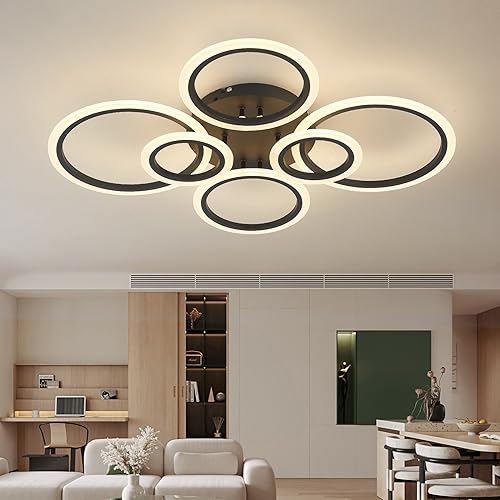 YOLEDY Deckenlampe Led mit Fernbedienung & APP, Decken Lampen mit 6 Ring, Dimmbar, Licht Memory Funktion mit Timer, Moderne Deckenleuchte Rund Wohnzimmer Flur Schlafzimmer, Schwarz von YOLEDY