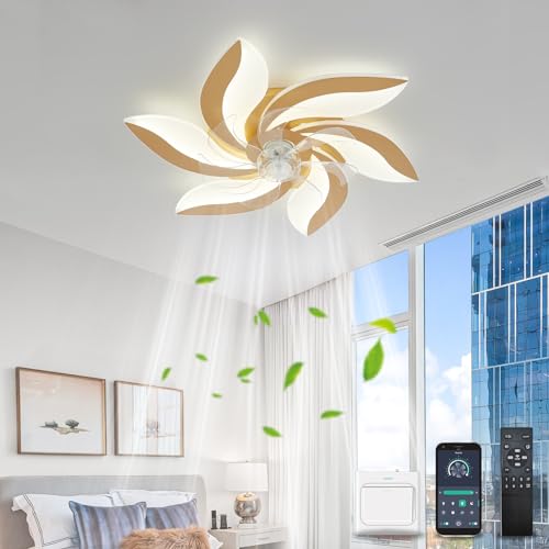 YOLEDY Deckenlampe mit Ventilator, Smart Deckenventilator mit Beleuchtung und Fernbedienung Leise, Windmühlendesign, Dimmbar, DC Motor, Sommer Winterbetrieb, für Schlafzimmer, Gold von YOLEDY