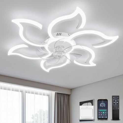 YOLEDY Deckenlampe mit Ventilator Leise mit Fernbedienung, 88cm Schlafzimmerlampe mit Ventilator, Blume Form Design, Led Deckenventilator mit Beleuchtung Dimmbar DC Motor Winterbetrieb, Weiß von YOLEDY