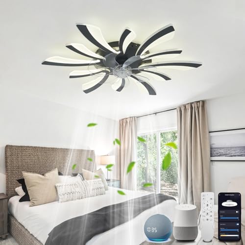 YOLEDY Lampe mit Ventilator Leise mit Fernbedienung, Moderne Deckenventilator mit Beleuchtung 2.4GHz WiFi Funktioniert mit Alexa Google Home, für Schlafzimmer, Küche, Schwarz von YOLEDY