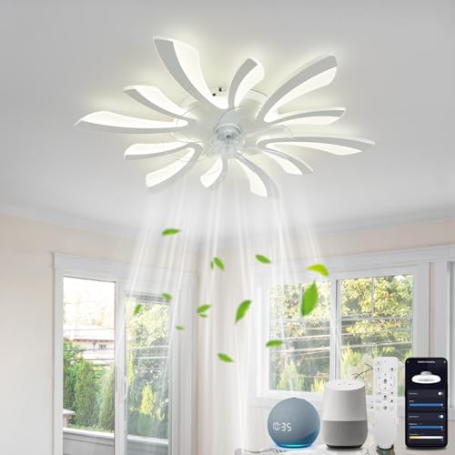 YOLEDY Lampe mit Ventilator Leise mit Fernbedienung, Moderne Deckenventilator mit Beleuchtung 2.4GHz WiFi Funktioniert mit Alexa Google Home, für Schlafzimmer, Küche, Weiß von YOLEDY