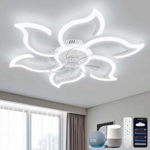 YOLEDY Smart Deckenlampe mit Ventilator Leise mit Fernbedienung, 88cm Schlafzimmerlampe mit Ventilator Kompatibel mit Alexa und Google Home, Deckenventilator mit Beleuchtung Winterbetrieb, Weiß von YOLEDY