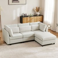 3-Sitzer-Sofa mit Kissen + beweglicher Fußstütze, Wohnzimmersofa, Leinen- und Baumwollstoffe, 220 x 83 x 81 cm, beige von YOLEO