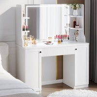 Eleganter Frisiertisch 110 x 40 x 138,5 cm mit LED-Spiegel mit einstellbarer Helligkeit, moderner Frisiertisch aus Holz, Schublade, 3 Fächer, weiß von YOLEO