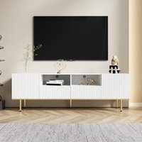 Moderner TV-Schrank mit Goldkante, Schlichtes Design der Türen mit vertikalen Streifen, 4 Ablagefächer und 2 Schubladen, Weiß Moderner TV-Schrank mit Goldkante, Schlichtes Design der Türen mit vertikalen Streifen, 4 Ablagefächer und 2 Schubladen, Weiß von YOLEO