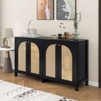 Modernes niedriges Sideboard – 4 Rattantüren + 6 Regale – MDF-Flurmöbel – Wohnzimmerschrank mit verstellbaren Regalen – 145 x 80 x 40 cm, Schwarz von YOLEO