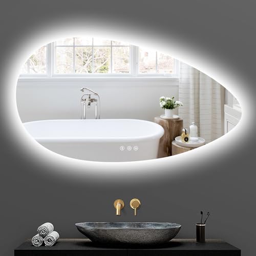YOLEO Badspiegel mit Beleuchtung, Asymmetrischer Wandspiegel LED Badezimmerspiegel Antibeschlag großer Schminkspiegel, Berührungstaste Dimmbares 3 Farben LED-Licht, 108x60cm von YOLEO