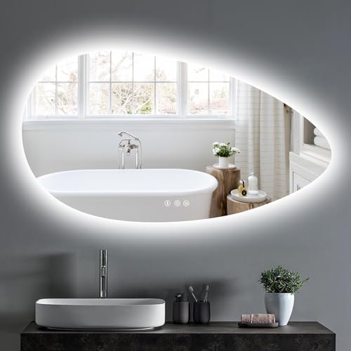 YOLEO Badspiegel mit Beleuchtung, Asymmetrischer Wandspiegel LED Badezimmerspiegel Antibeschlag großer Schminkspiegel, Berührungstaste Dimmbares 3 Farben LED-Licht, 135x75cm von YOLEO