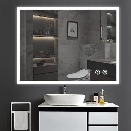 YOLEO Badspiegel mit Beleuchtung 80x60cm, Wandspiegel mit Steckdose, Badzimmerspiegel LED mit Touchschalter, 3 Lichtfarben dimmbar Warmweiß/Kaltweiß/Neutral von YOLEO