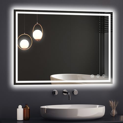 YOLEO Badspiegel mit Beleuchtung 100X75cm, Badezimmerspiegel LED mit Front- und Hintergrundbeleuchtung, Wandspiegel Spiegel mit Beleuchtung mit Memory-Funktion, 3 einstellbare Lichtfarbe, beschlagfrei von YOLEO