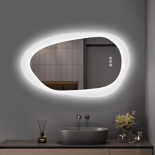 YOLEO Badspiegel mit Beleuchtung 100cm, Asymmetrischer Wandspiegel LED Badezimmerspiegel Antibeschlag großer Schminkspiegel, Berührungstaste Dimmbares 3 Farben LED-Licht, 100x66cm von YOLEO