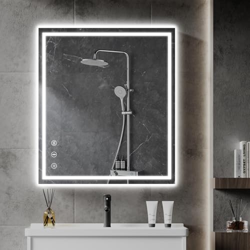 YOLEO Badspiegel mit Beleuchtung 80X70cm, Badezimmerspiegel LED mit Front- und Hintergrundbeleuchtung, Wandspiegel Spiegel mit Beleuchtung mit Memory-Funktion, 3 einstellbare Lichtfarbe, beschlagfrei von YOLEO