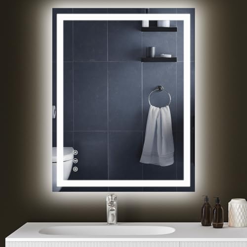 YOLEO Badspiegel mit Beleuchtung 90X70cm, Badezimmerspiegel LED mit Front- und Hintergrundbeleuchtung, Wandspiegel Spiegel mit Beleuchtung mit Memory-Funktion, 3 einstellbare Lichtfarbe, beschlagfrei von YOLEO