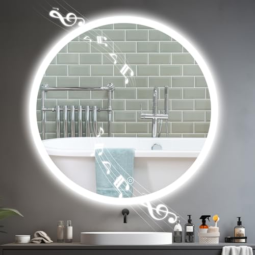 YOLEO Badspiegel mit Beleuchtung rund 70cm, Badezimmerspiegel LED mit Bluetooth-Lautsprecher, Wandspiegel mit Touchschalter und Explosionsgeschütztes Glas, 3 einstellbare Lichtfarbe von YOLEO