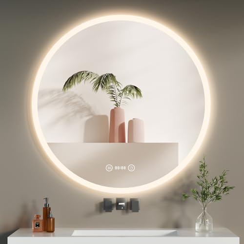 YOLEO Badspiegel mit Beleuchtung rund 70cm, Badzimmerspiegel LED mit Uhr und Temperatur, Wandspiegel mit Touchschalter und Explosionsgeschütztes Glas, 3 einstellbare Lichtfarbe von YOLEO