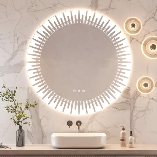 YOLEO Badspiegel rund mit Beleuchtung 80cm, Wandspiegel LED Badezimmerspiegel Antibeschlag großer Schminkspiegel, Berührungstaste Dimmbares 3 Farben LED-Licht 6500K von YOLEO