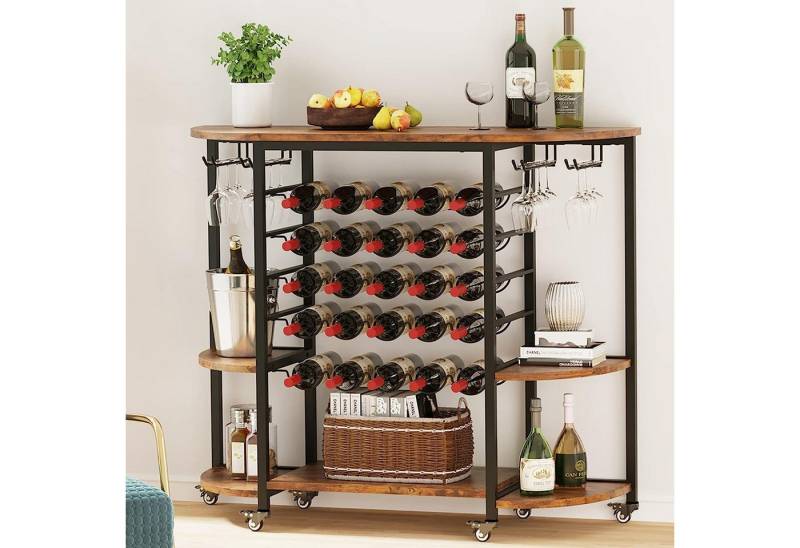 YOLEO Weinregal Weinschrank mit Rollen für 25 Flaschen, Glashalter und Tischplatte von YOLEO