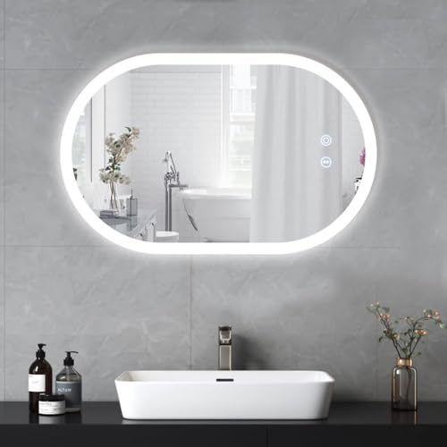 YOLEO Badspiegel mit Beleuchtung Oval, Badezimmerspiegel Dimmbar 70x50cm, Beschlagfreier Wandspiegel mit Touchschalter, 3 Lichtfarben, 6500K von YOLEO