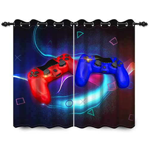 YONGFOTO 117x138cm Videospiel Vorhänge zum Spielzimmer Rot und Blau Gamepad Abstrakt Symbol Fantasiewelt Fenster drapiert zum Kinderzimmer 2 Platten Startseite-Set 117 cm Breite x 138 cm Höhe von YONGFOTO