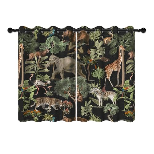 YONGFOTO 117x183cm Tierwelt Verdunkelungsvorhänge Dschungel Wildlife World Elefant Giraffe Wild Safari Grüner Wald für Wohnzimmer Schlafzimmer Fenstervorhänge, 2 Paneele mit Öse von YONGFOTO