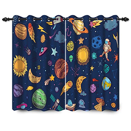 YONGFOTO 117x229cm Cartoon Muster Verdunkelungsvorhänge Astronaut Rakete Sterne Kosmische Galaxie Planeten Sonnensystem für Wohnzimmer Kinderzimmer Fenstervorhänge, 2 Panel Home Set mit Löchern von YONGFOTO