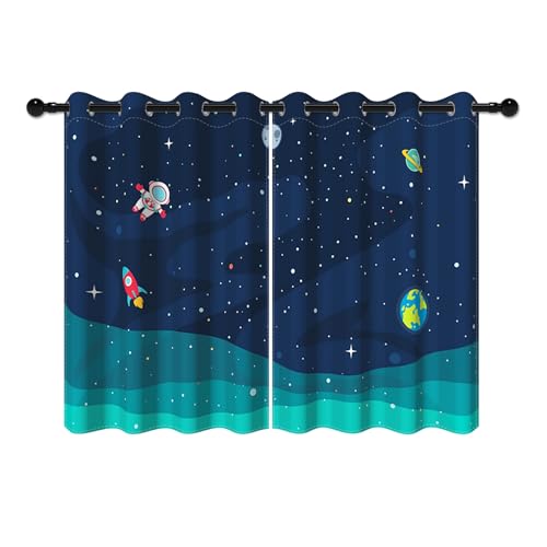 YONGFOTO 132x214cm Karikatur Muster Vorhänge, Kühle Spaceman Rakete Planeten Sterne im Weltraum für Wohnzimmer Kinderzimmer Home Set, 2 Paneele mit Öse von YONGFOTO