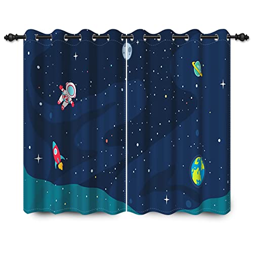 YONGFOTO 140x229cm Karikatur Muster Vorhänge, Kühle Spaceman Rakete Planeten Sterne im Weltraum, 2 Panels drapiert mit Ösen für Wohnzimmer Kinderzimmer Home Set, 140cm breit x 229cm Tropfen von YONGFOTO