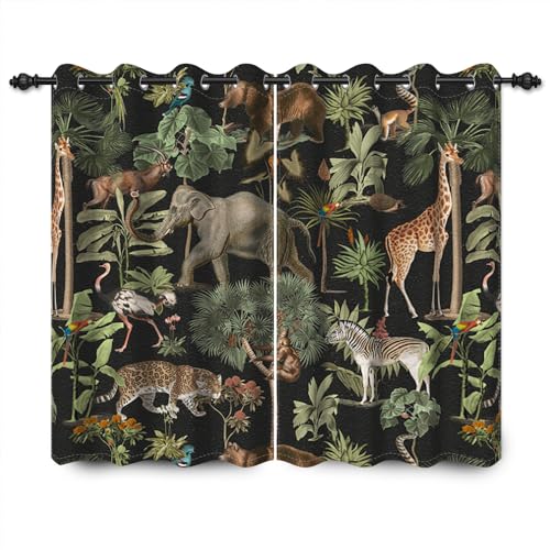 YONGFOTO 168x229cm Tierwelt Verdunkelungsvorhänge Dschungel Wildlife World Elefant Giraffe Wild Safari Grüner Wald für Wohnzimmer Schlafzimmer Fenstervorhänge, 2 Panels Home Set Mit Löchern von YONGFOTO