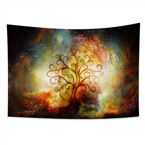 YONGFOTO 100x70cm Baum Des Lebens Wandteppich, Nebel Sterne Bunter Himmel Wandteppich Gebogene Zweige Mystische Fichte Wandbehang Wandteppiche für Wohnzimmer Wohnheim Dekor Sofa Teppich Decke von YONGFOTO