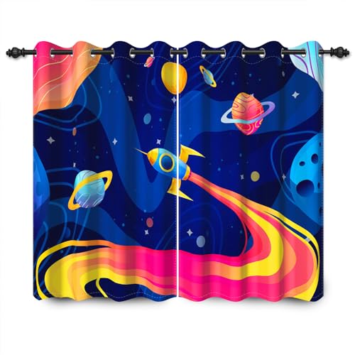 YONGFOTO 117x138cm Cartoon Muster Verdunkelungsvorhänge Cool Rocket Cosmic Galaxy Planeten Sterne Blau Nachtraum für Wohnzimmer Kinderzimmer Fenstervorhänge, 2 Panel Home Set mit Löchern von YONGFOTO