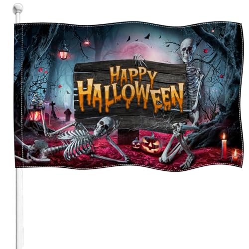 YongFoto Happy Halloween-Flagge, 90 x 152 cm, doppelseitig, Sackleinen, Totenkopf, Skelett, rote gefallene Blätter, Kürbisbaum, Kerze, gruselig, vierseitig genäht, lebendige Farben, langlebig YongFoto Happy Halloween-Flagge, 90 x 152 cm, doppelseitig, Sackleinen, Totenkopf, Skelett, rote gefallene Blätter, Kürbisbaum, Kerze, gruselig, vierseitig genäht, lebendige Farben, langlebig von YONGFOTO