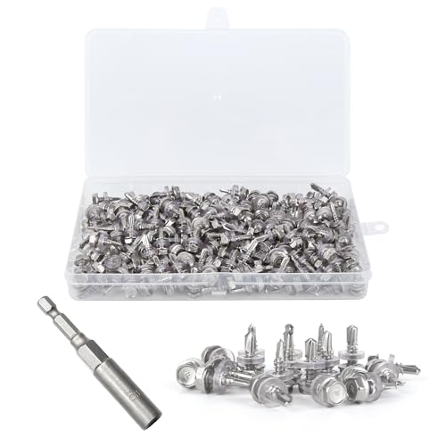 140 Stück selbstschneidende Schrauben mit Dichtungsscheibe, M4.8 * 16mm Sechskant-Bohrschrauben mit 1 Sechskant-Bit-Einsatz, 410 Edelstahl-Blechschrauben-Set für Metall, Holz, Möbel von YONGQING