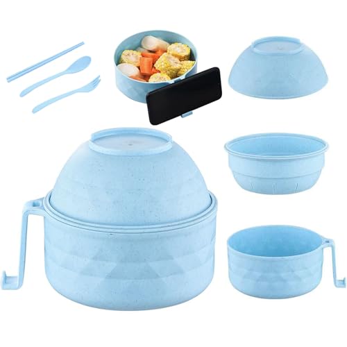 YONHESHI Mikrowellen Ramen Schüssel，2025 Neueste Ramen Schüssel Set，Ramen-Schüssel mit Deckel und mit Essstäbchen, Löffeln und Gabeln，Tragbare Ramen-Schüssel für Wohnheime (Blau) von YONHESHI
