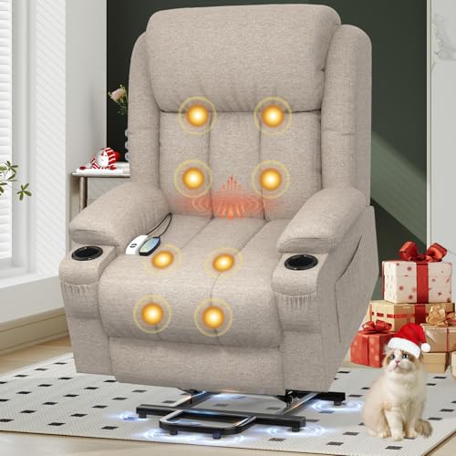 YONISEE Fernsehsessel Massagesessel Elektrisch Relaxsessel mit Liegefunktion Aufstehhilfe, Massage Heizung, Fußteil, Getränkehalter 4 Seitentaschen,TYP C & USB-Anschlüsse Leder Sessel Wohnzimmer von YONISEE