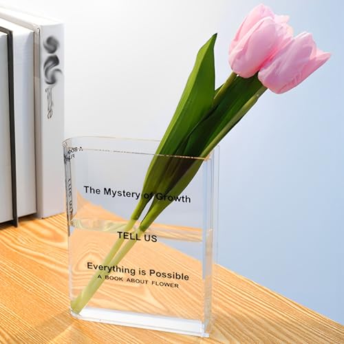 YOOCHUENG Buchvase mit 3 Rosa Künstliche Blumen,Acryl-Blumenvase für Wohnbereich Blumen Ästhetik Zimmer Deko Vase Kleine Vasen für Tischdeko mit Leuchtender Stein,Englische Vase von YOOCHUENG