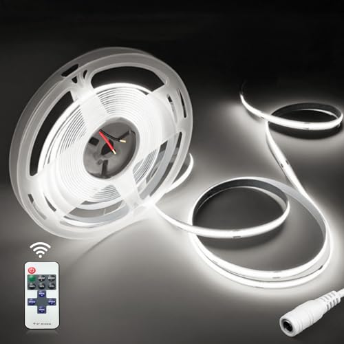 YOODI COB LED Streifen 5M, 24V 6000K LED Strip Kaltesweiss mit RF Fernbedienung und 8 Modi, CRI 95+ Dimmbar LED Band, Klebe LED Streifen für Schlafzimmer, Wohnzimmer, Küche, DIY Dekoration von YOODI