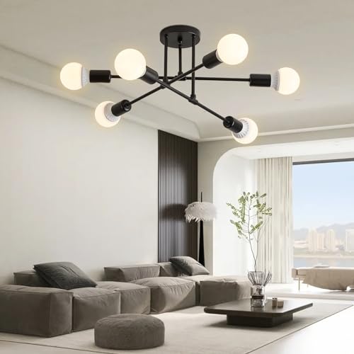YOODI Deckenleuchte Vintage, 6 Flammig Industrielle Deckenlampe, Metall Modern Kronleuchter mit E27 Basis, Schwarz Schlafzimmerlampe für Esszimmer, Wohnzimmer, Küche (ohne Leuchtmittel) von YOODI