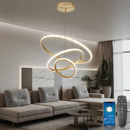YOODI Moderne LED Pendelleuchte Esstisch, 3 Ringen LED Hängeleuchte 45W, Dimmbar Mit Fernbedienung Pendellampe, 3000K-6000K, Linear Design Pendelleuchten für Esszimmer, Wohnzimmer (Gold) von YOODI