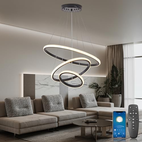 YOODI Moderne LED Pendelleuchte Esstisch, 3 Ringen LED Hängeleuchte 45W, Dimmbar Mit Fernbedienung Pendellampe, 3000K-6000K, Linear Design Pendelleuchten für Esszimmer, Wohnzimmer (Schwarz) von YOODI