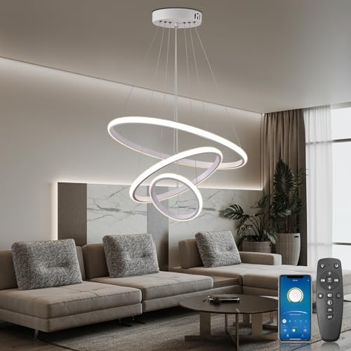 YOODI Moderne LED Pendelleuchte Esstisch, 3 Ringen LED Hängeleuchte 45W, Dimmbar Mit Fernbedienung Pendellampe, 3000K-6000K, Linear Design Pendelleuchten für Esszimmer, Wohnzimmer (Weiß) von YOODI