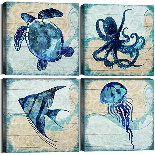 Marineblaue Strand-Themen, Meeresschildkröte, Qualle, Oktopus, Fisch, Leinwand, Wandkunst, Kinderzimmer, Badezimmer, Dekoration, Ozean, Tier, Bilder, niedliches Kinderzimmer, Malerei, 4 cm, 4 Stück von YOOOAHU