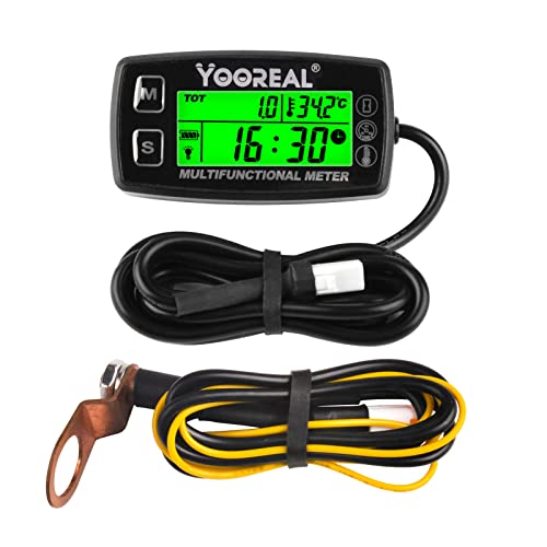 Yooreal Digitaler Betriebsstundenzähler und Drehzahlmesser, Motortemperaturanzeige, hintergrundbeleuchtetes Display, wasserdicht für Roller, Mini-Fahrrad, Motorrad, Rasentraktor (HM035A TS002-1) von YOOREAL
